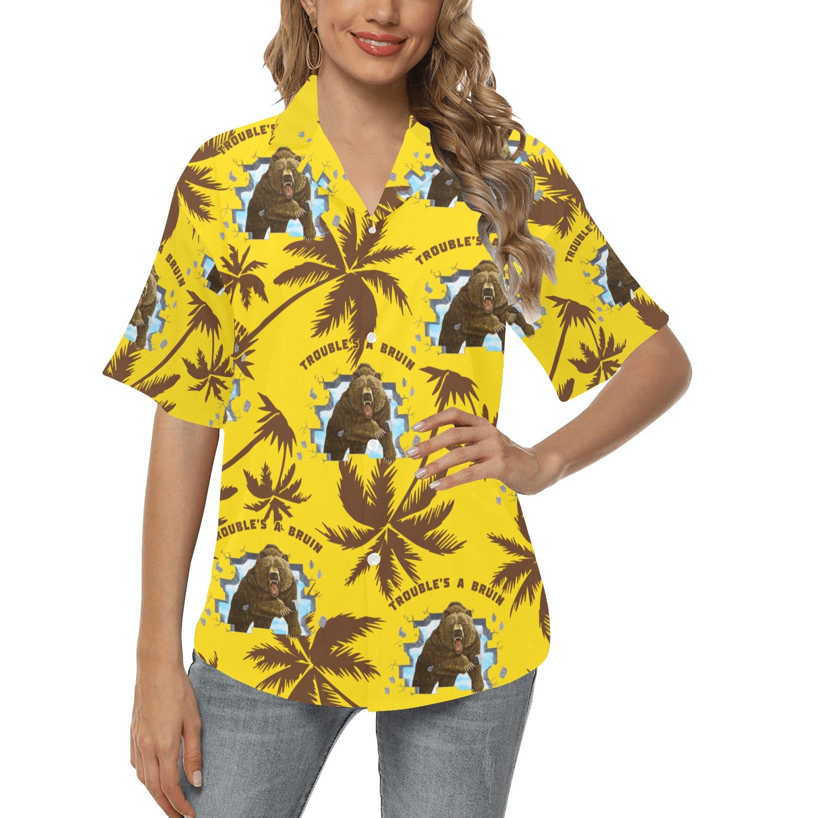 Fargo South High Bruins Bear Palm Trees Yellow Hawaiian Shirt With Pocket