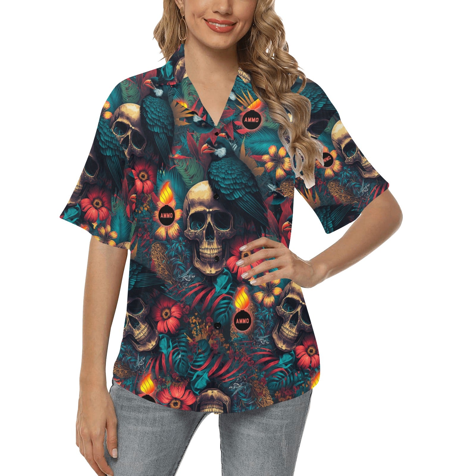 AMMO Hawaiian Shirt Orange Purple and Blue Sunset Palm Trees Birds Pisspots