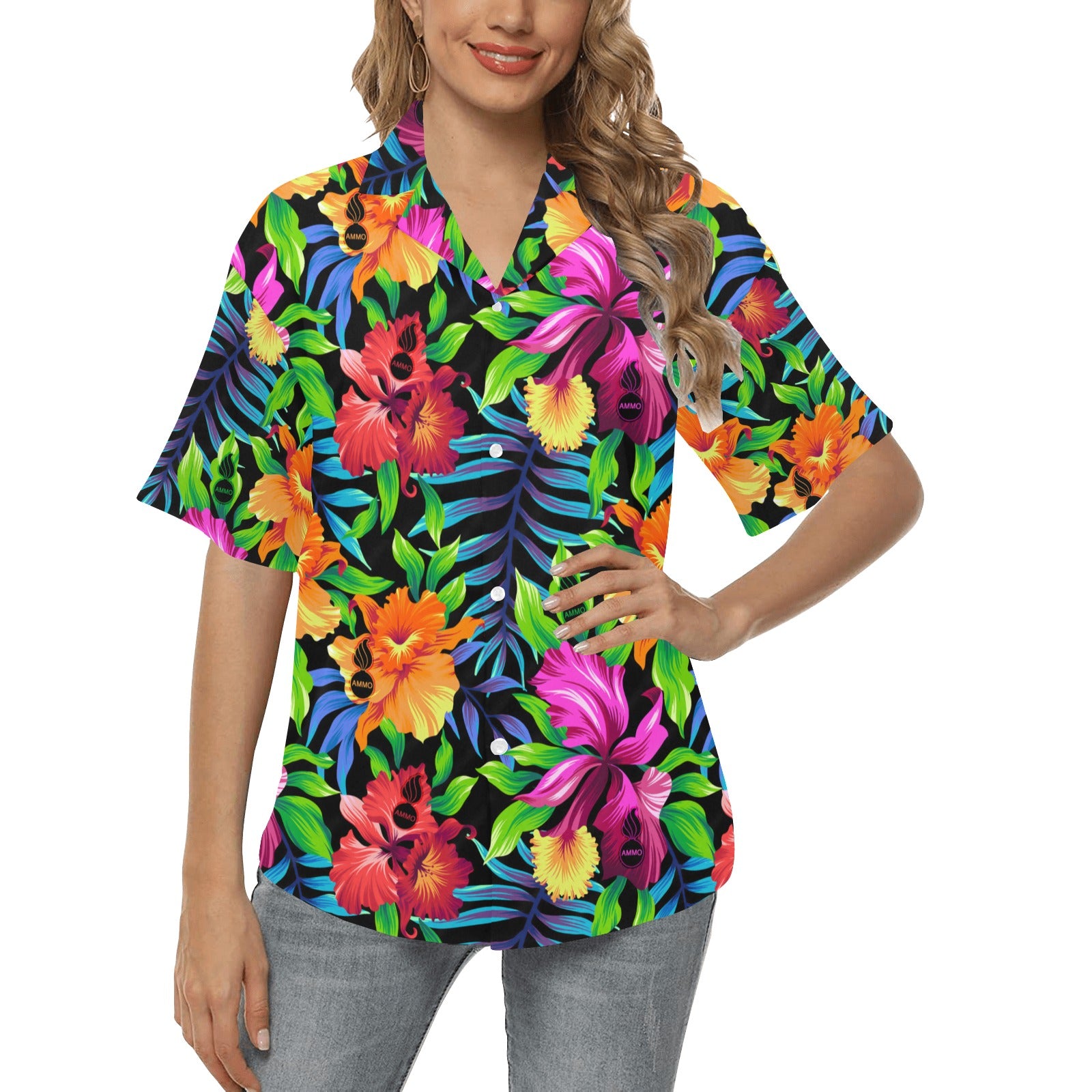 AMMO Hawaiian Shirt Green with White Hibiscus Flowers Pisspots and