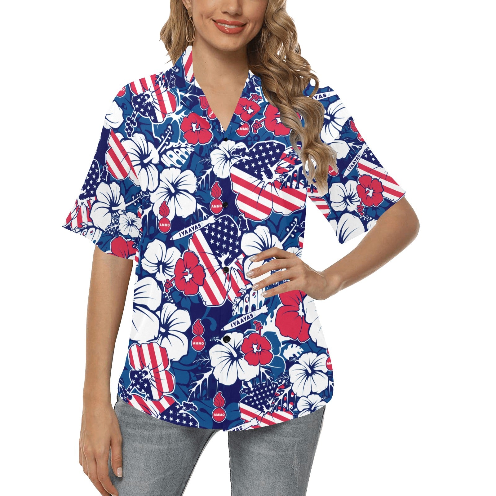 AMMO Hawaiian Shirt Red White and Blue Patriotic Flowers Flags Pisspots  Bombs