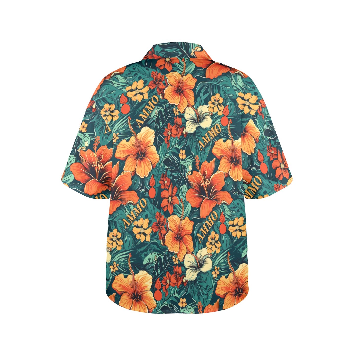 Orange Hibiscus Flowers Green Leaves AMMO Word and Pisspots Womens Hawaiian Shirt