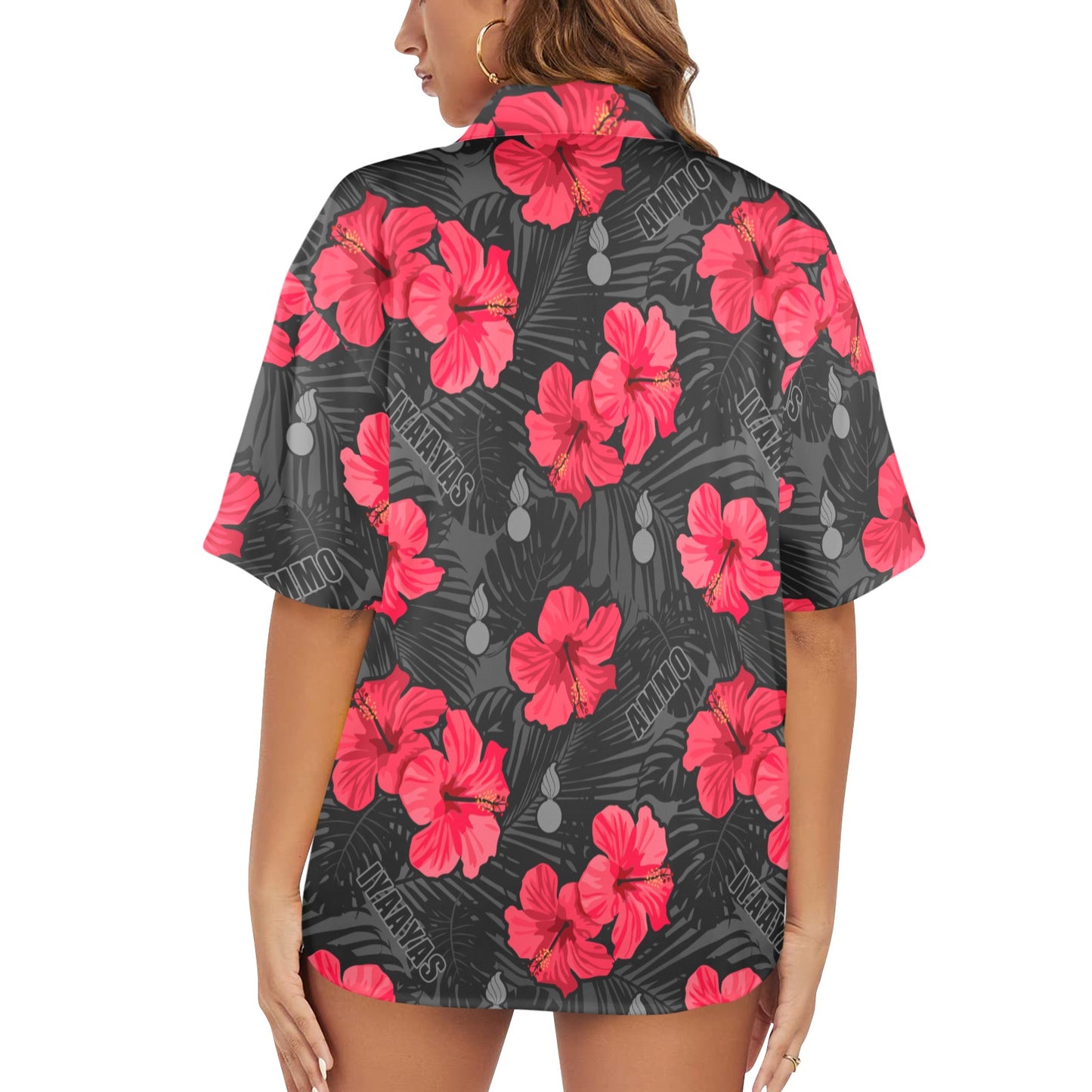 Pink Red Black Grey Flowers Leaves AMMO and IYAAYAS Womens Hawaiian Shirt