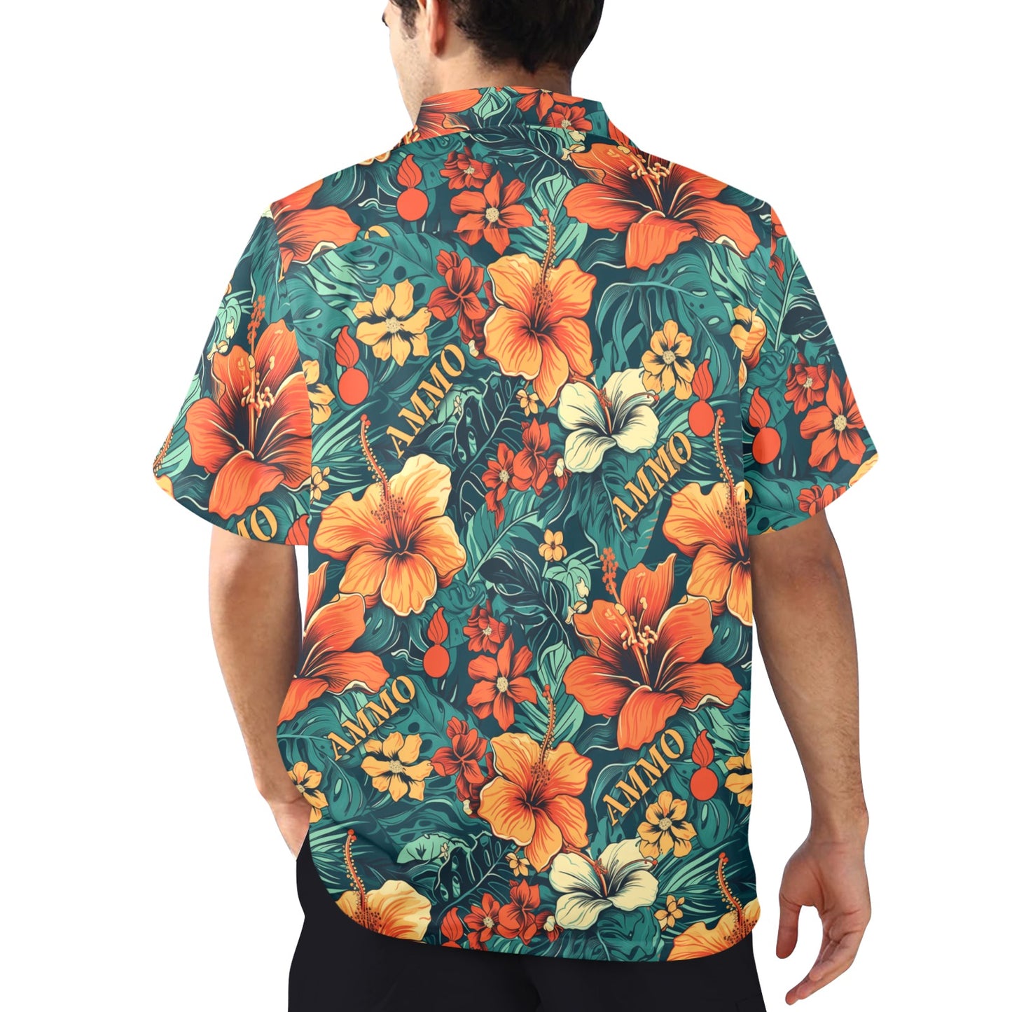 Orange Flowers With Green Leaves Pisspots and Word AMMO Mens Hawaiian Shirt