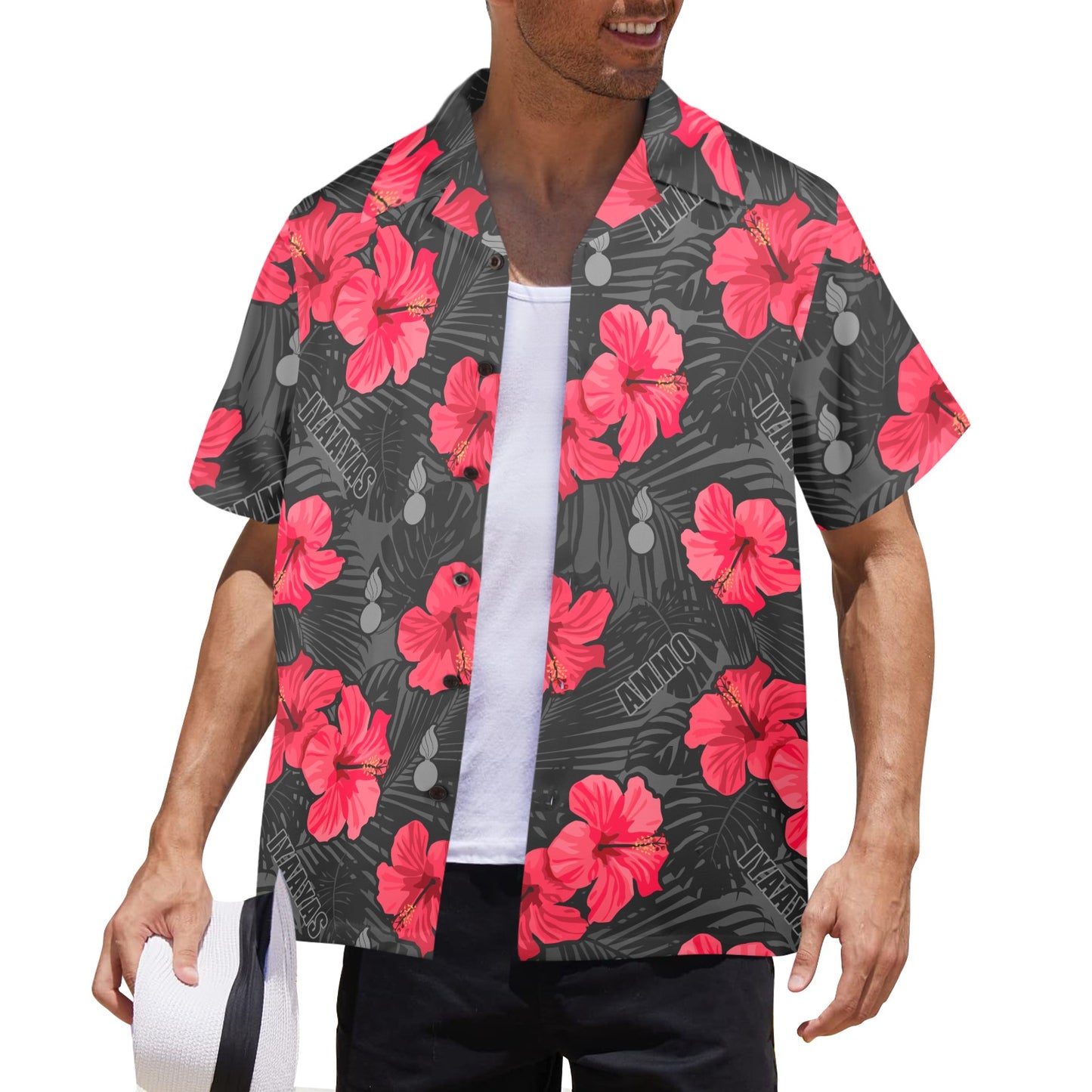 Pink Red Grey Black Flowers Leaves AMMO and IYAAYAS Mens Hawaiian Shirt