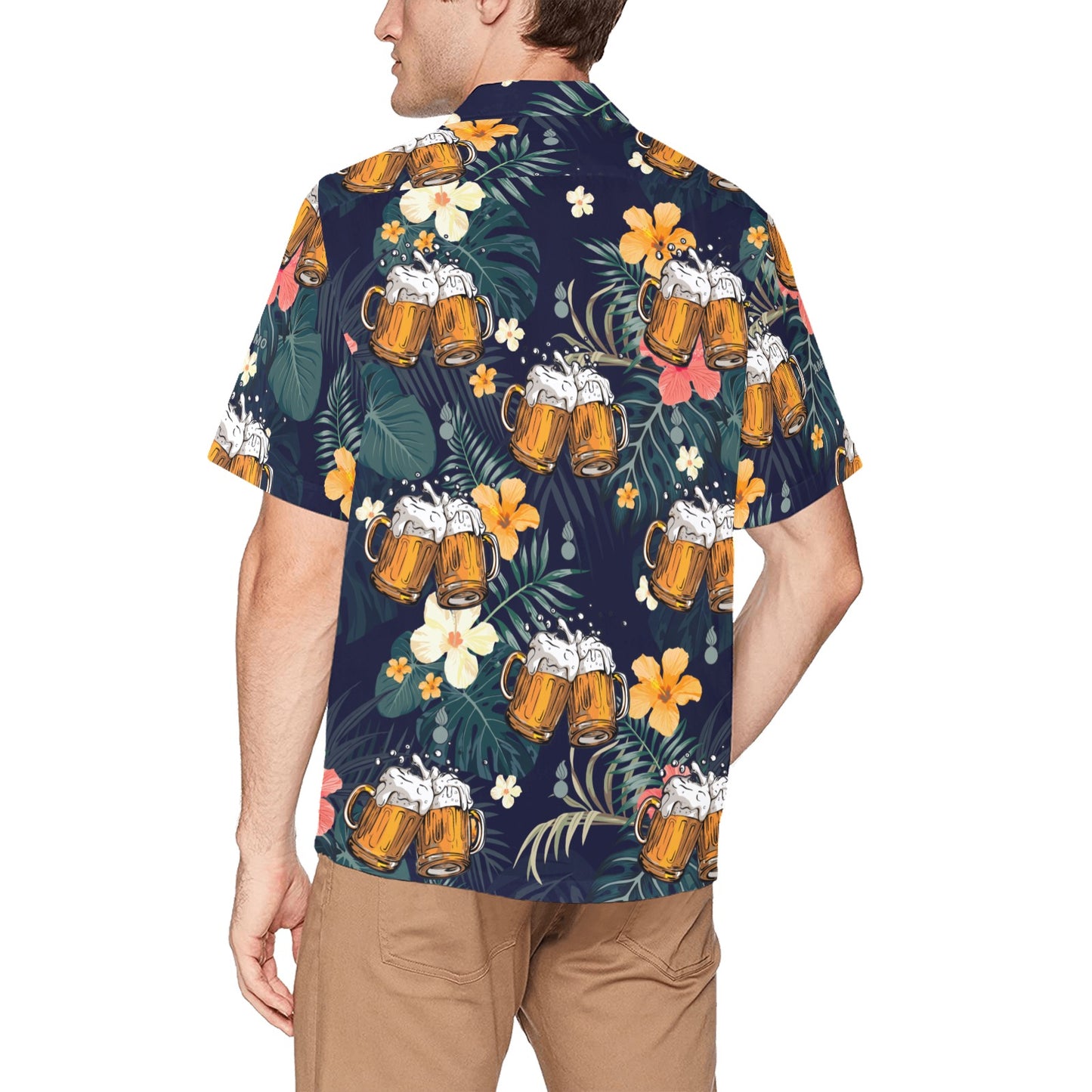 AMMO Beer Mugs Pisspot Tropical Flowers and Leaves Mens Hawaiian Shirt With Front Left Pocket