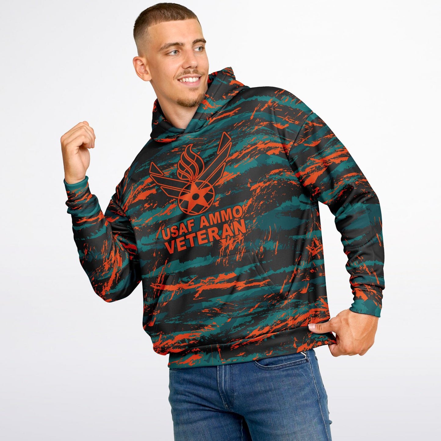 USAF AMMO Veteran Orange Tiger Stripe Camouflage Heavyweight Oversized Cold Weather Pullover Hoodie - All Over Print