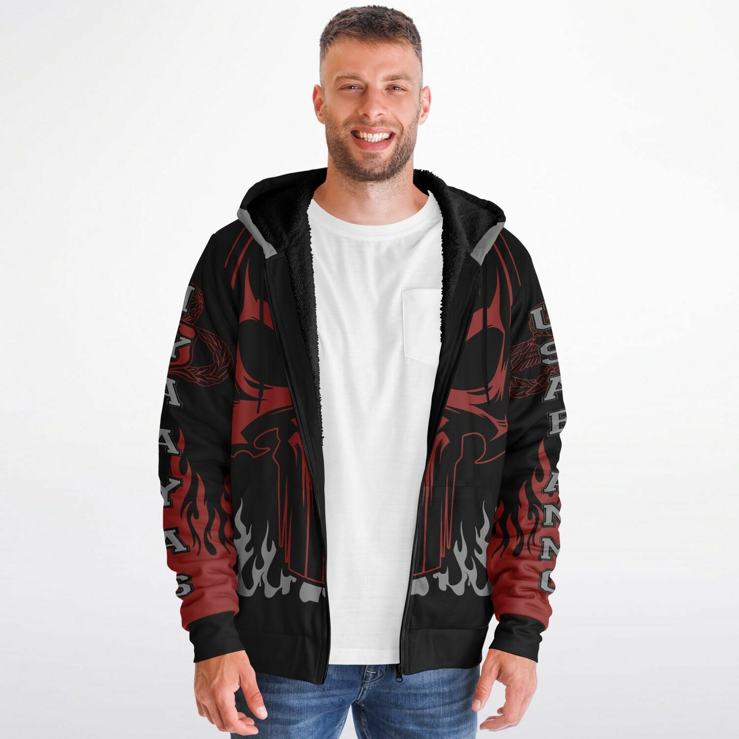 AMMO Skull Flames Black Red Grey Microfleece Cold Weather Zip-Up Hoodie - All Over Print