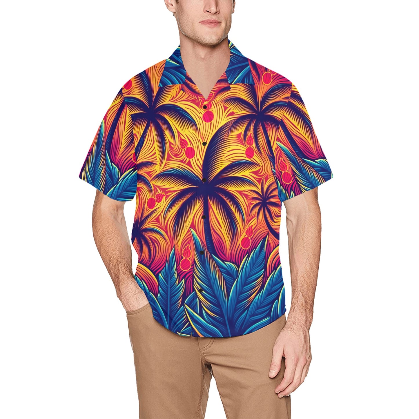 Fiery Sky Palm Trees Pisspots and Leaves Mens Hawaiian Shirt With Front Left Pocket