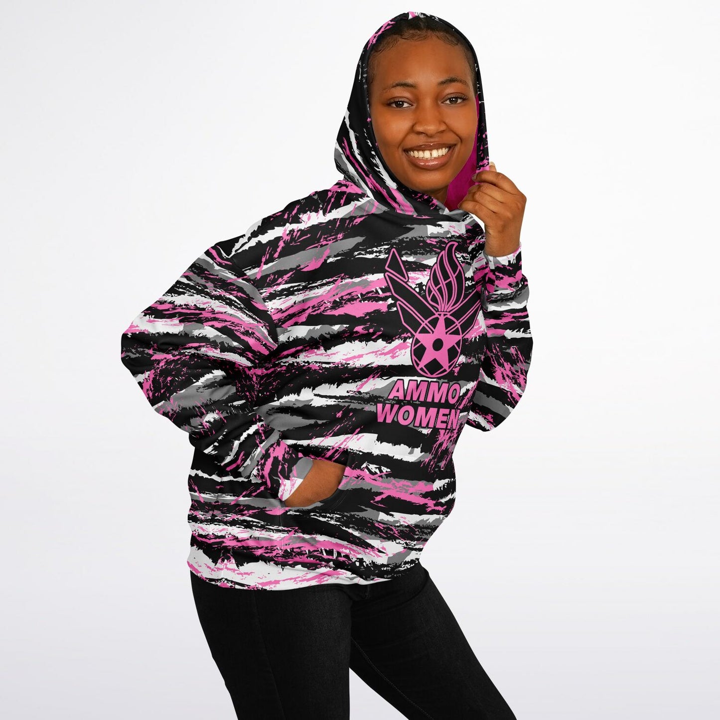 USAF AMMO Women Pink Tiger Stripe Camouflage Heavyweight Oversized Cold Weather Pullover Hoodie - All Over Print