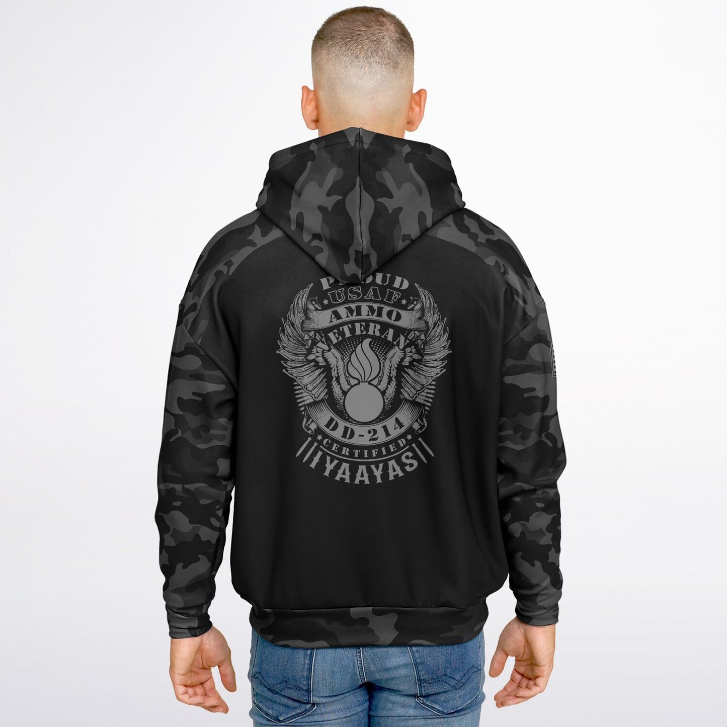 Black and Grey USAF AMMO Veteran DD-214 Heavyweight Oversized Cold Weather Pullover Hoodie - All Over Print