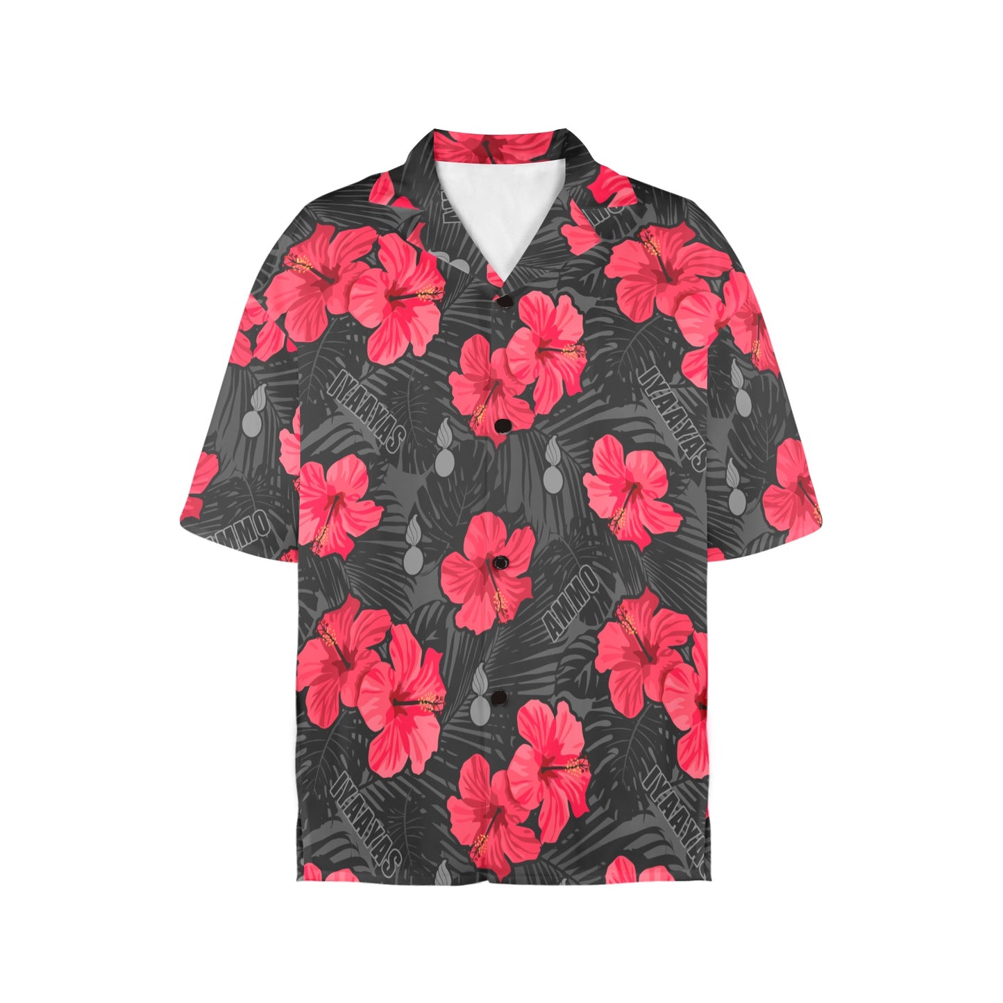 Pink Red Black Grey Flowers Leaves AMMO and IYAAYAS Womens Hawaiian Shirt