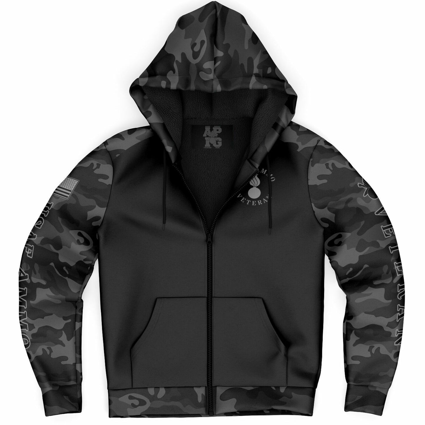 Black and Grey USAF AMMO Veteran DD-214 Microfleece Cold Weather Zip-Up Hoodie - All Over Print