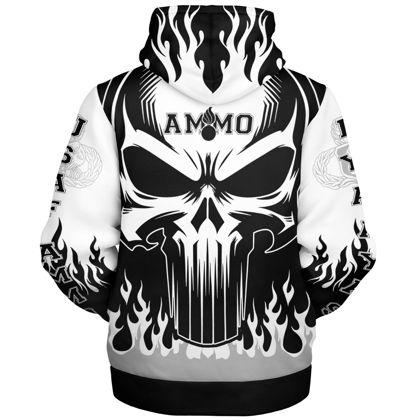 AMMO Skull Flames Black White Grey Microfleece Cold Weather Zip-Up Hoodie - All Over Print