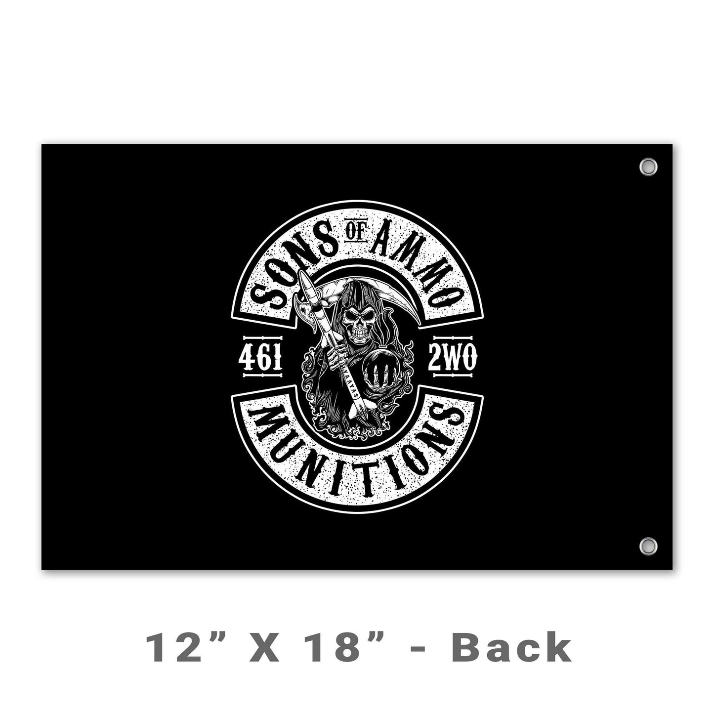 Sons of AMMO Grim Reaper Holding Pisspot and Missile with Sickle Blade 461 2W0 IYAAYAS Munitions Logo Black and White Double Sided Flag