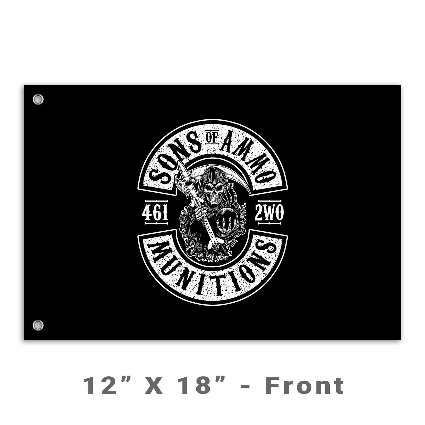 Sons of AMMO Grim Reaper Holding Pisspot and Missile with Sickle Blade 461 2W0 IYAAYAS Munitions Logo Black and White Double Sided Flag