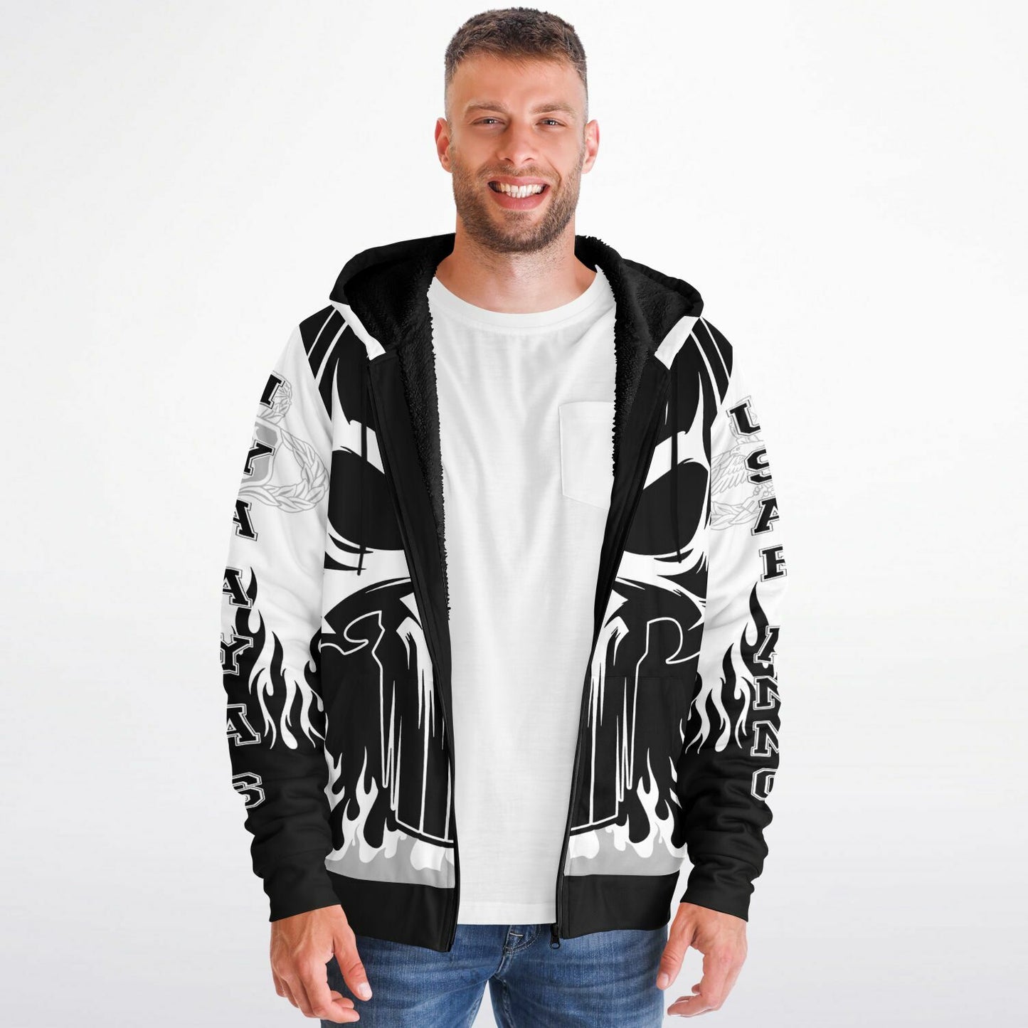 AMMO Skull Flames Black White Grey Microfleece Cold Weather Zip-Up Hoodie - All Over Print