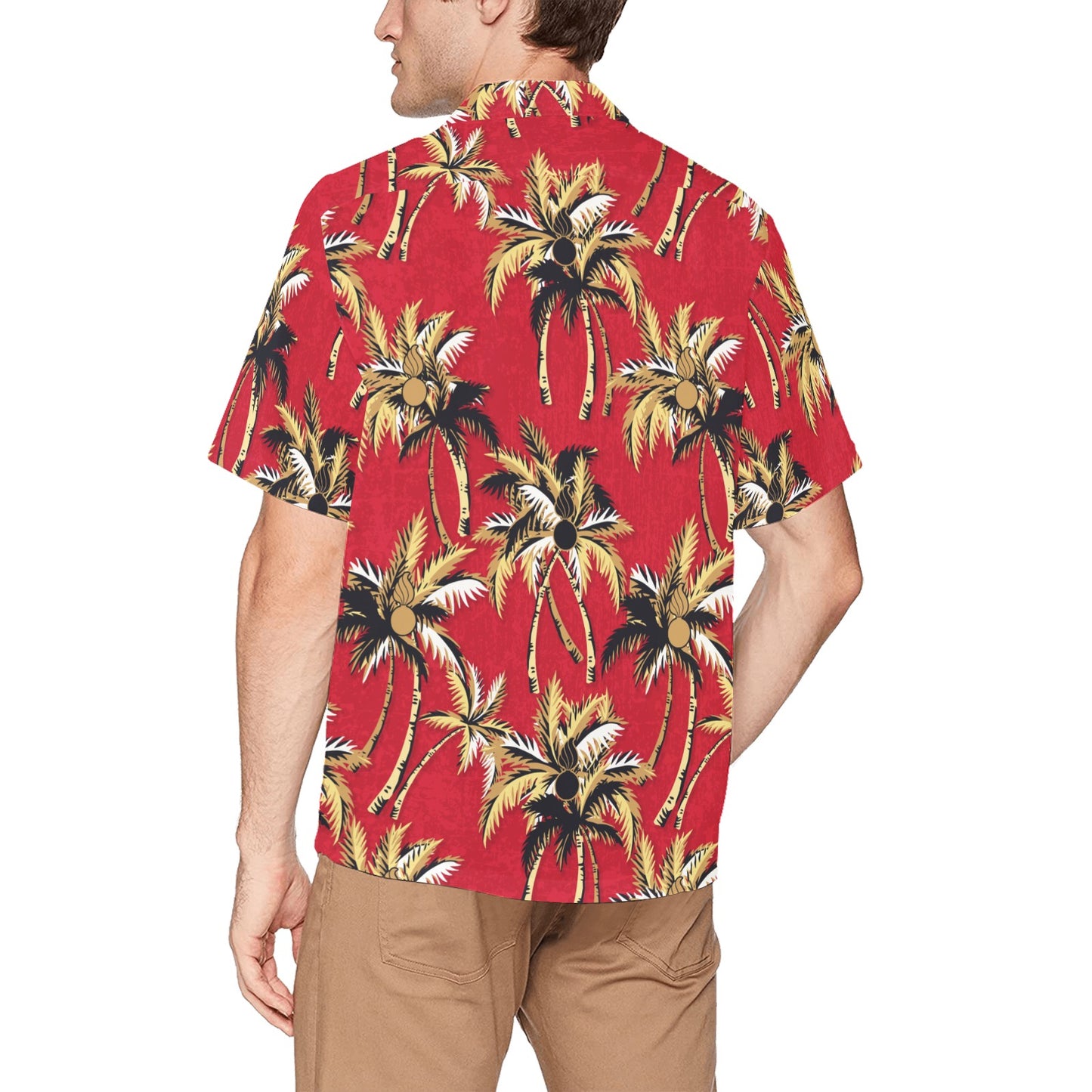Retro Red With Palm Trees and Pisspots Mens Hawaiian Shirt With Front Left Pocket