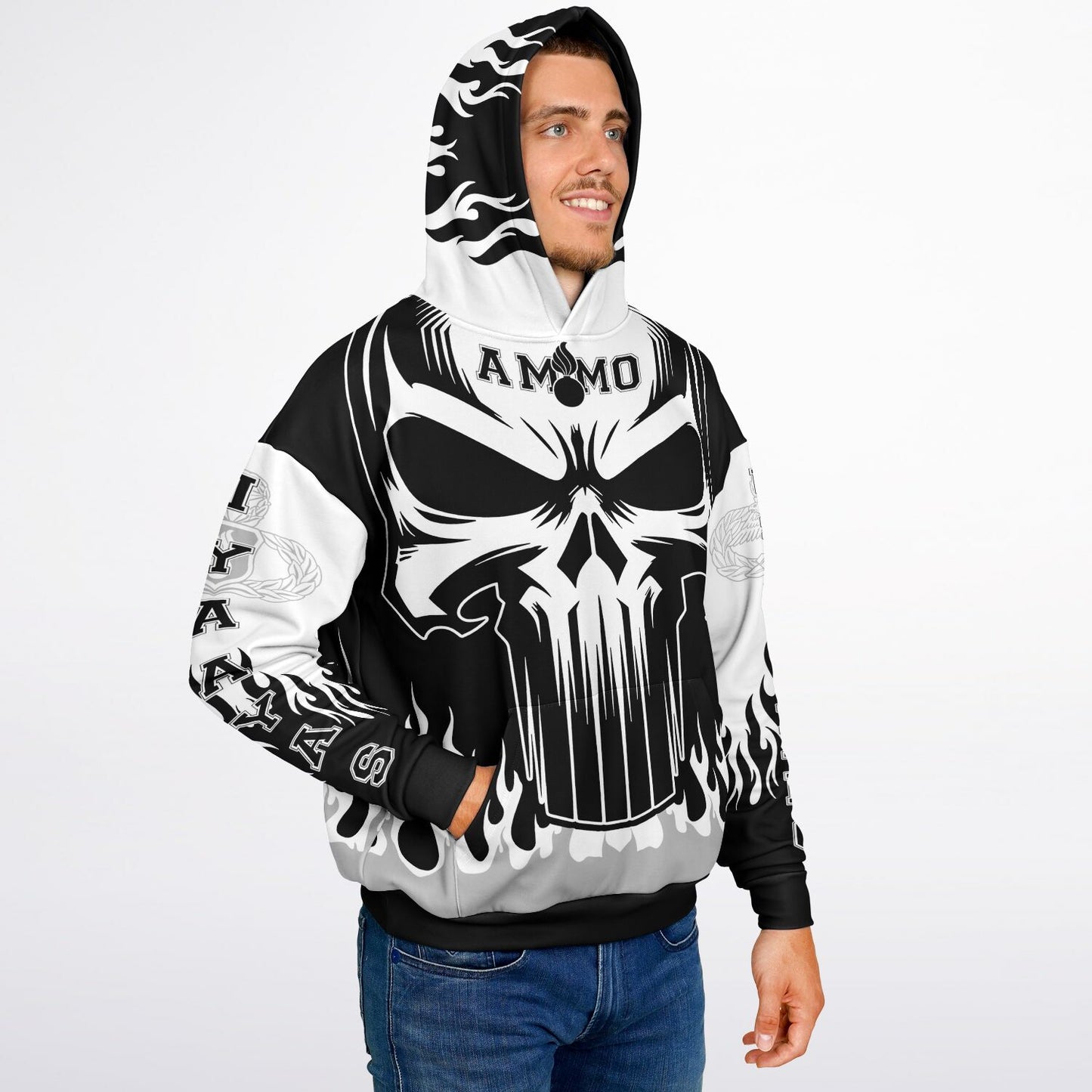 AMMO Skull Flames Black White Grey Heavyweight Oversized Cold Weather Hoodie - All Over Print