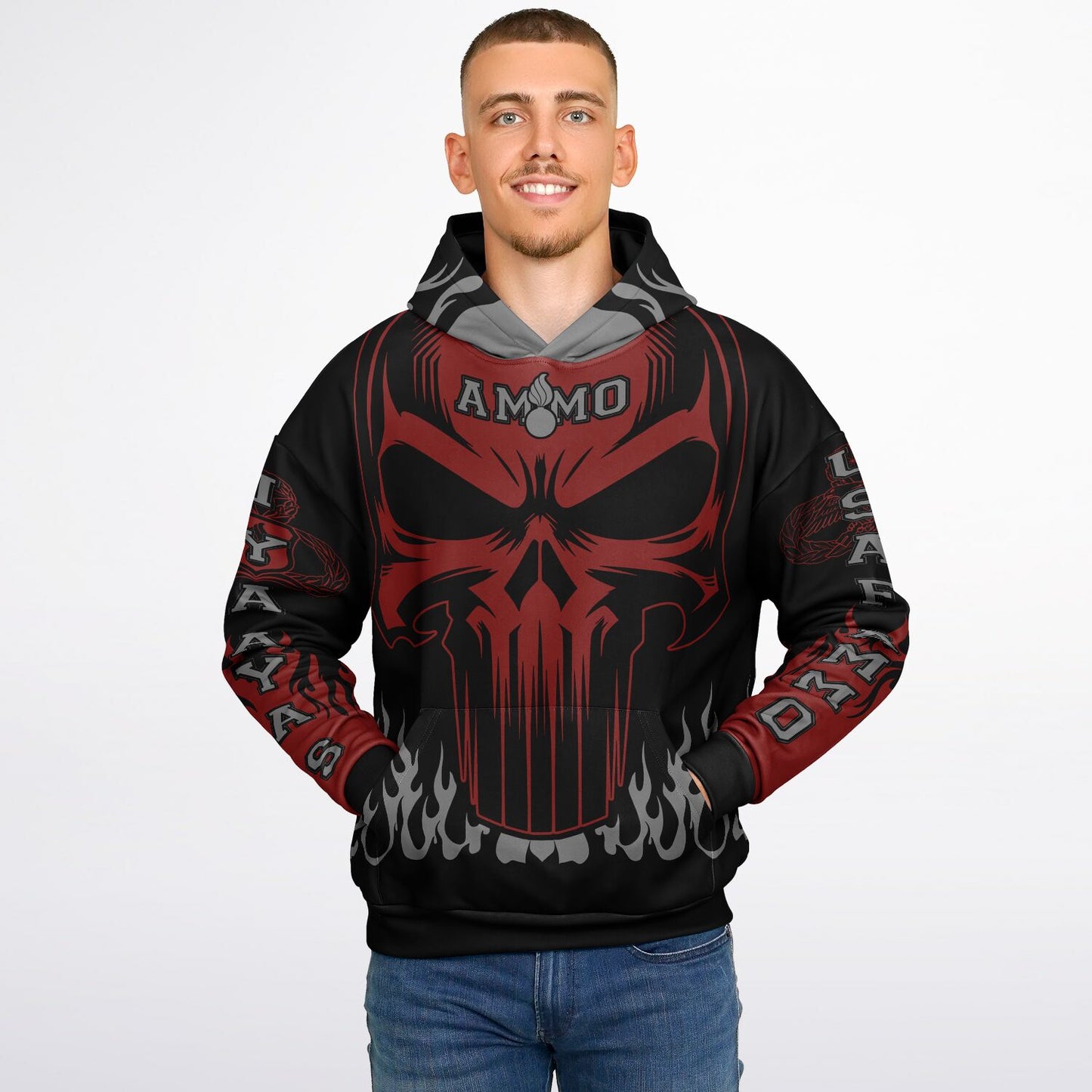 AMMO Skull Flames Black Red Grey Heavyweight Oversized Cold Weather Pullover Hoodie - All Over Print