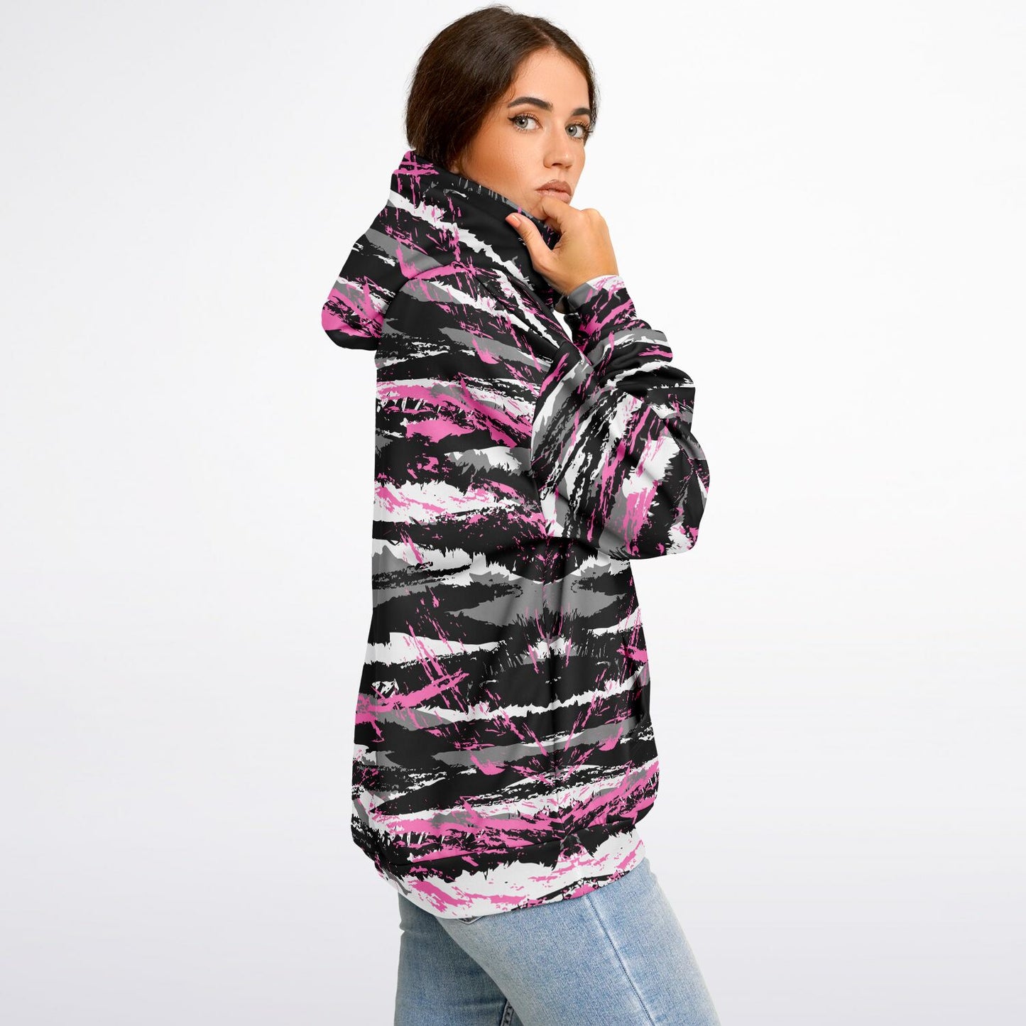 USAF AMMO Women Pink Tiger Stripe Camouflage Heavyweight Oversized Cold Weather Pullover Hoodie - All Over Print