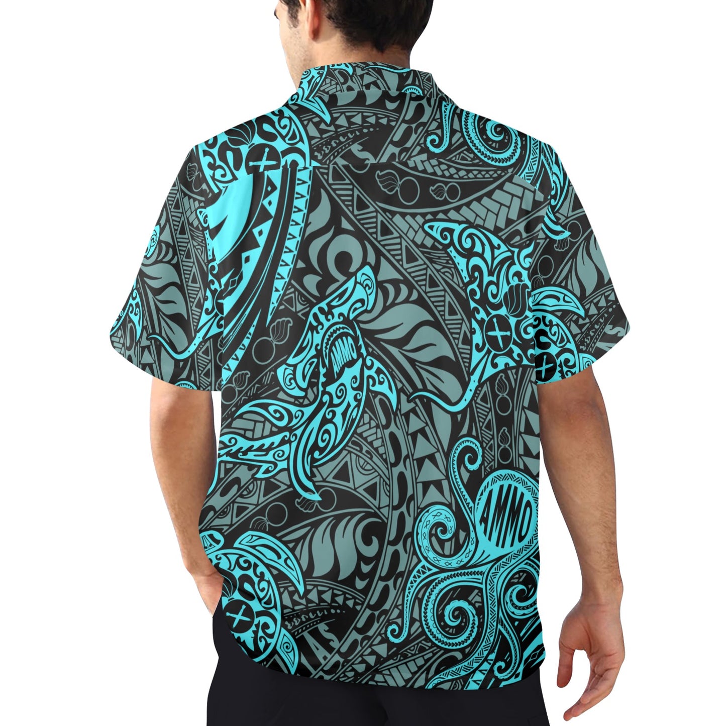 AMMO Black and Teal Tribal Pattern Sea Animals and Creatures Mens Hawaiian Shirt