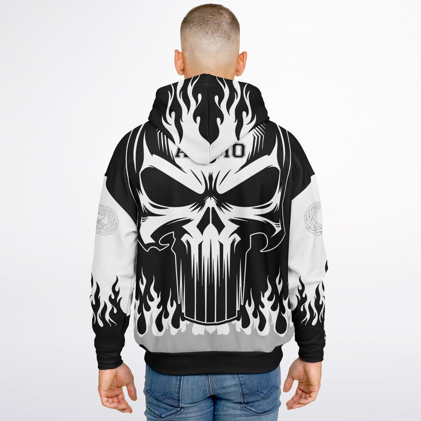 AMMO Skull Flames Black White Grey Heavyweight Oversized Cold Weather Hoodie - All Over Print