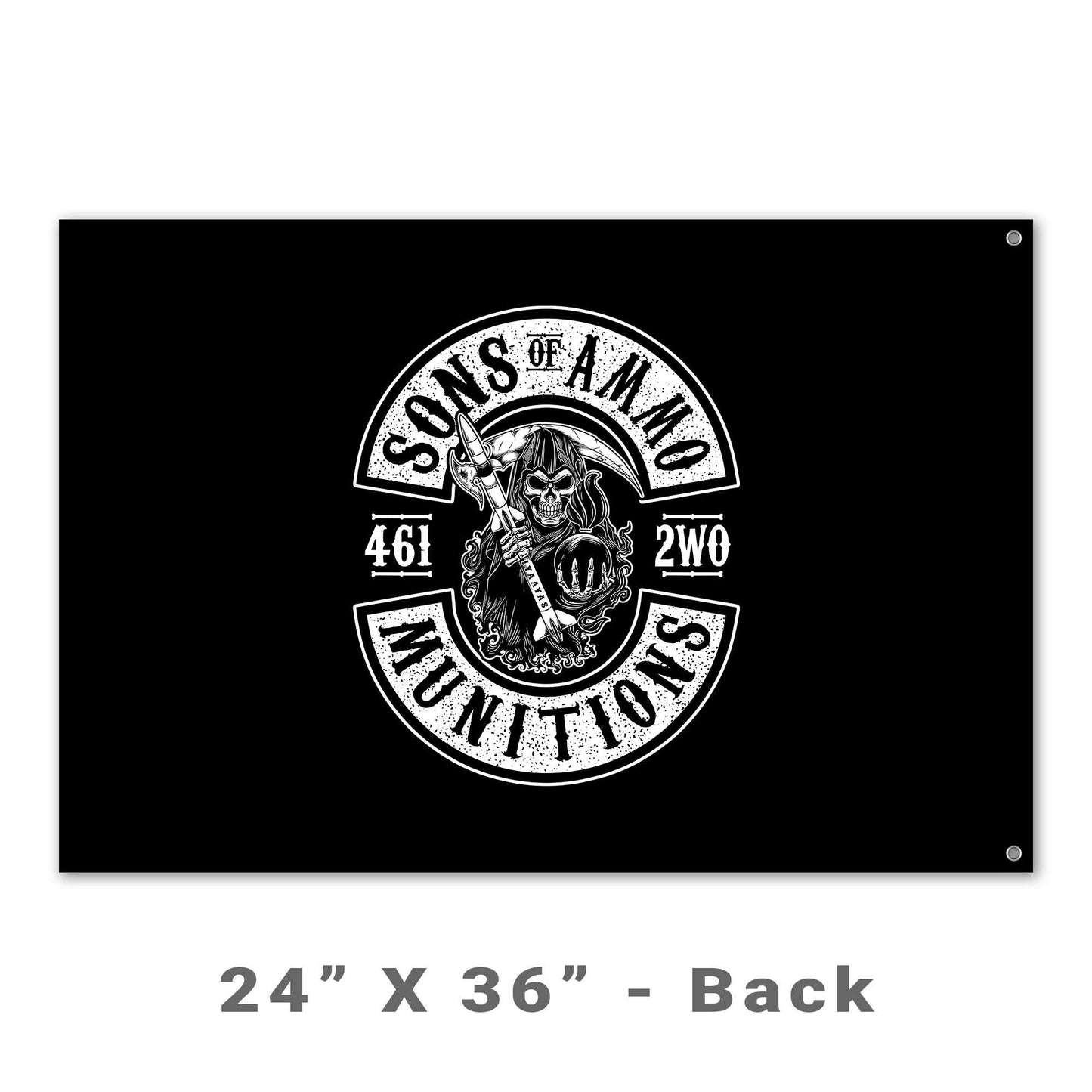 Sons of AMMO Grim Reaper Holding Pisspot and Missile with Sickle Blade 461 2W0 IYAAYAS Munitions Logo Black and White Double Sided Flag