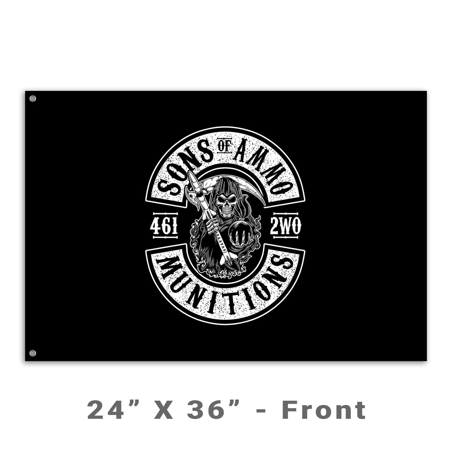 Sons of AMMO Grim Reaper Holding Pisspot and Missile with Sickle Blade 461 2W0 IYAAYAS Munitions Logo Black and White Double Sided Flag