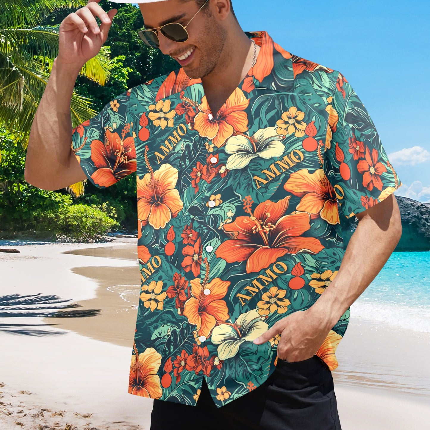 Orange Flowers With Green Leaves Pisspots and Word AMMO Mens Hawaiian Shirt