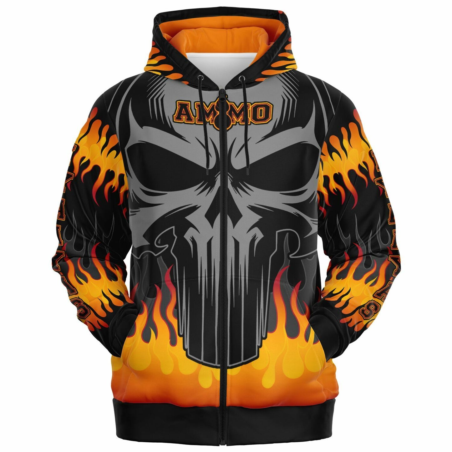 AMMO Skull Orange Fire Flames IYAAYAS Fashion Zip-Up Hoodie - All Over Print