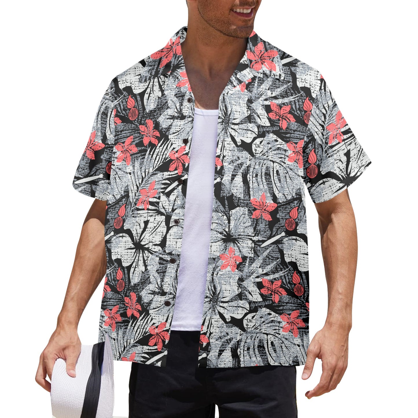 Black Grey and Light Red Flowers Pisspots Bombs and IYAAYAS Mens Hawaiian Shirt