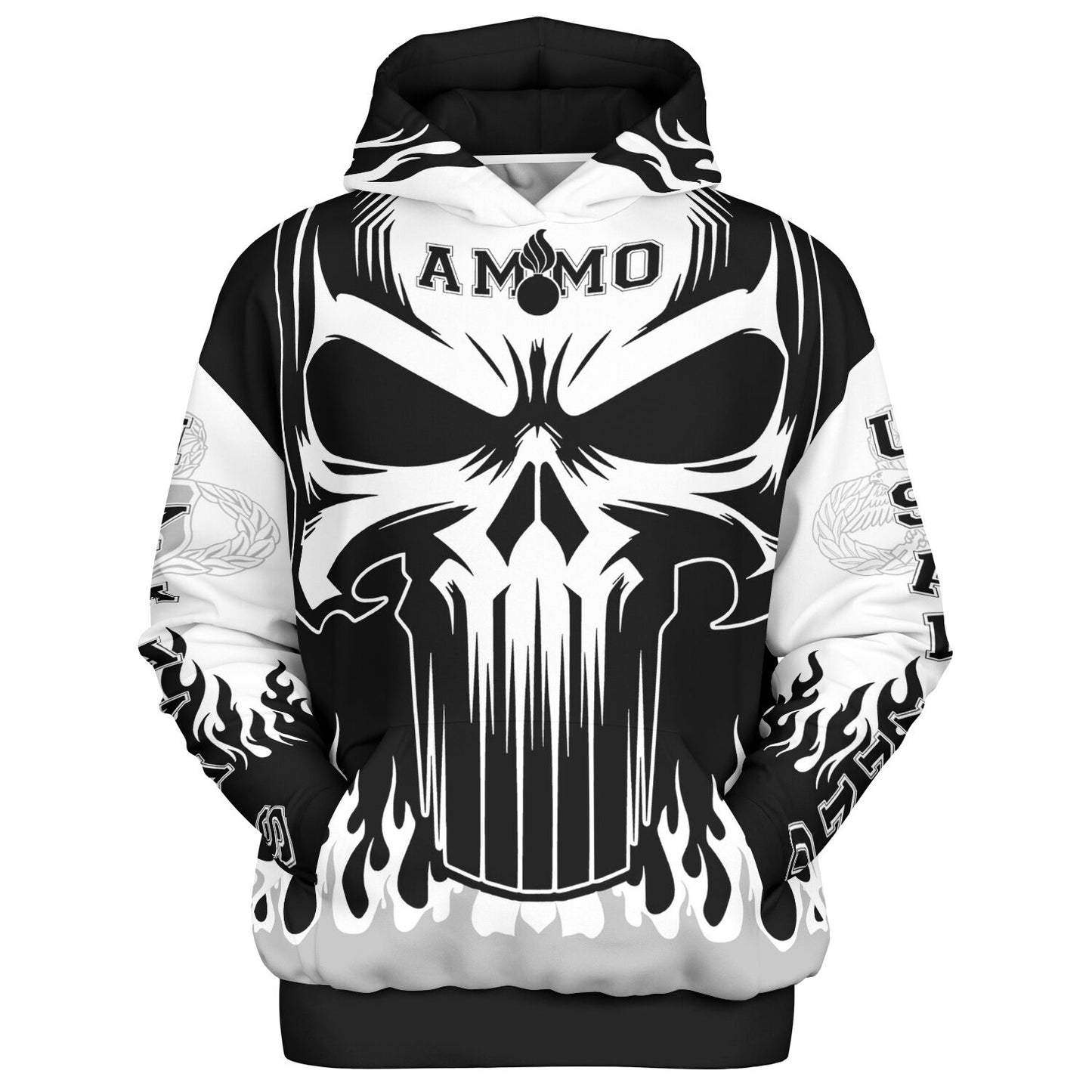 AMMO Skull Flames Black White Grey Heavyweight Oversized Cold Weather Hoodie - All Over Print