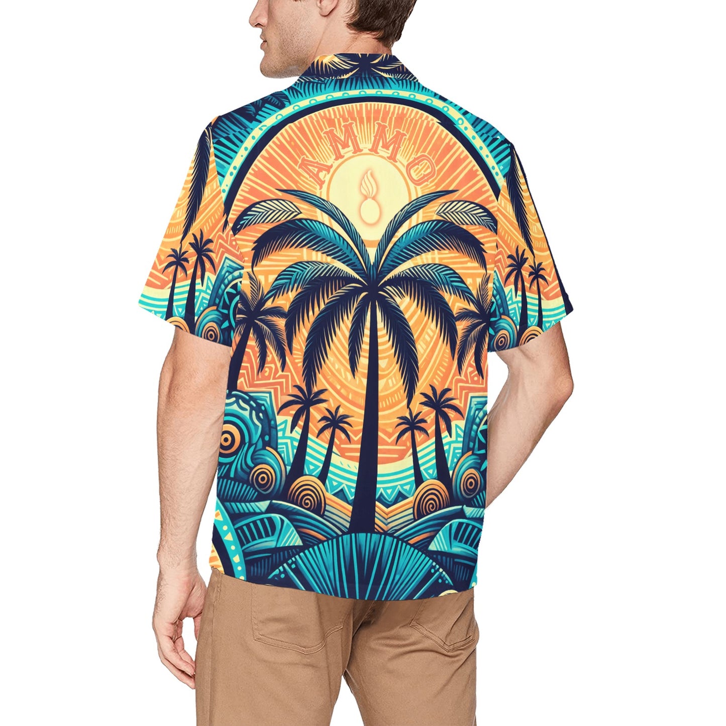 AMMO Pisspot Sun Palm Tree Circular Bright Logo Mens Hawaiian Shirt With Front Left Pocket