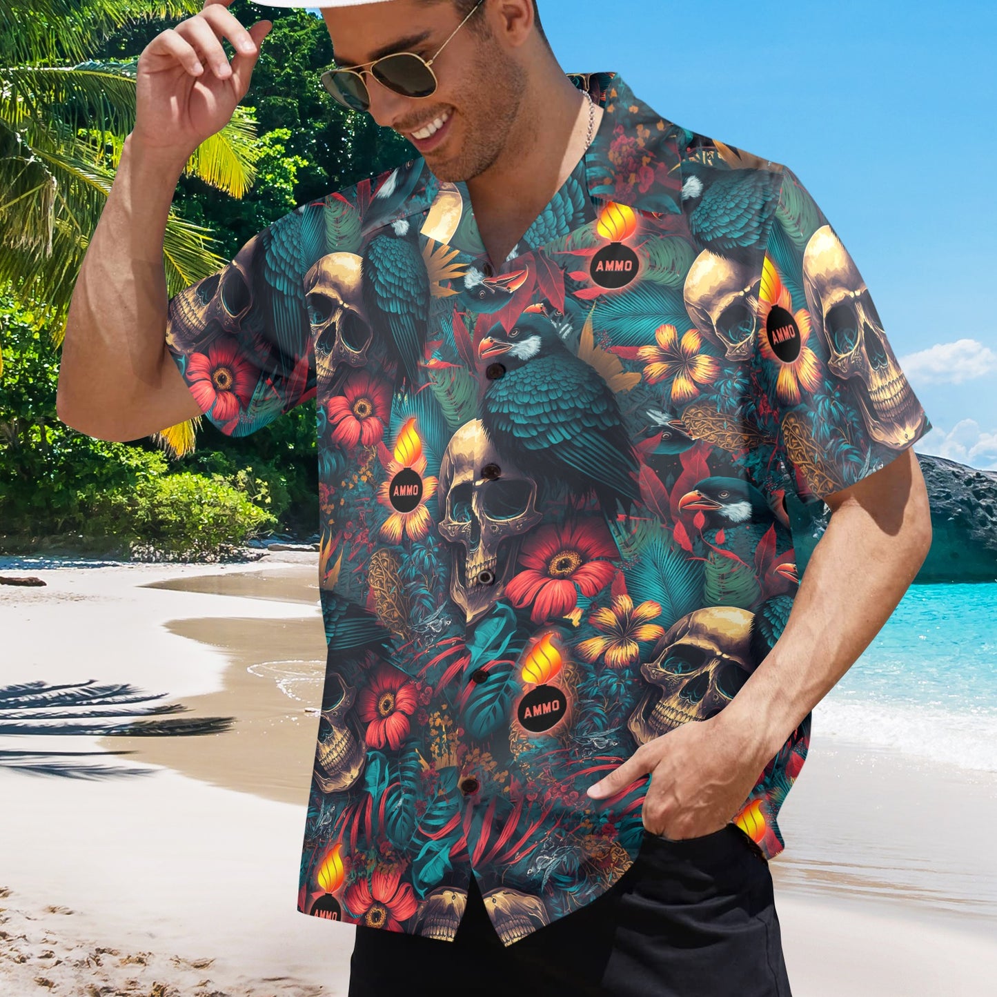 Skulls Birds Flower Leave and Glowing Pisspots Mens Hawaiian Shirt