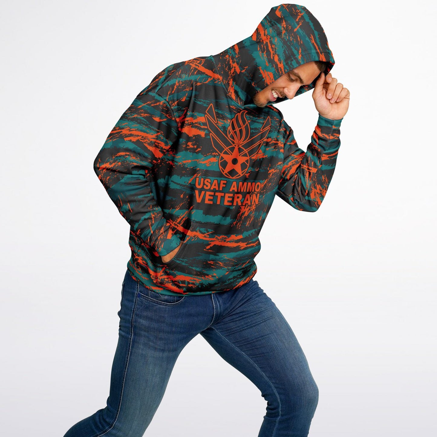 USAF AMMO Veteran Orange Tiger Stripe Camouflage Heavyweight Oversized Cold Weather Pullover Hoodie - All Over Print