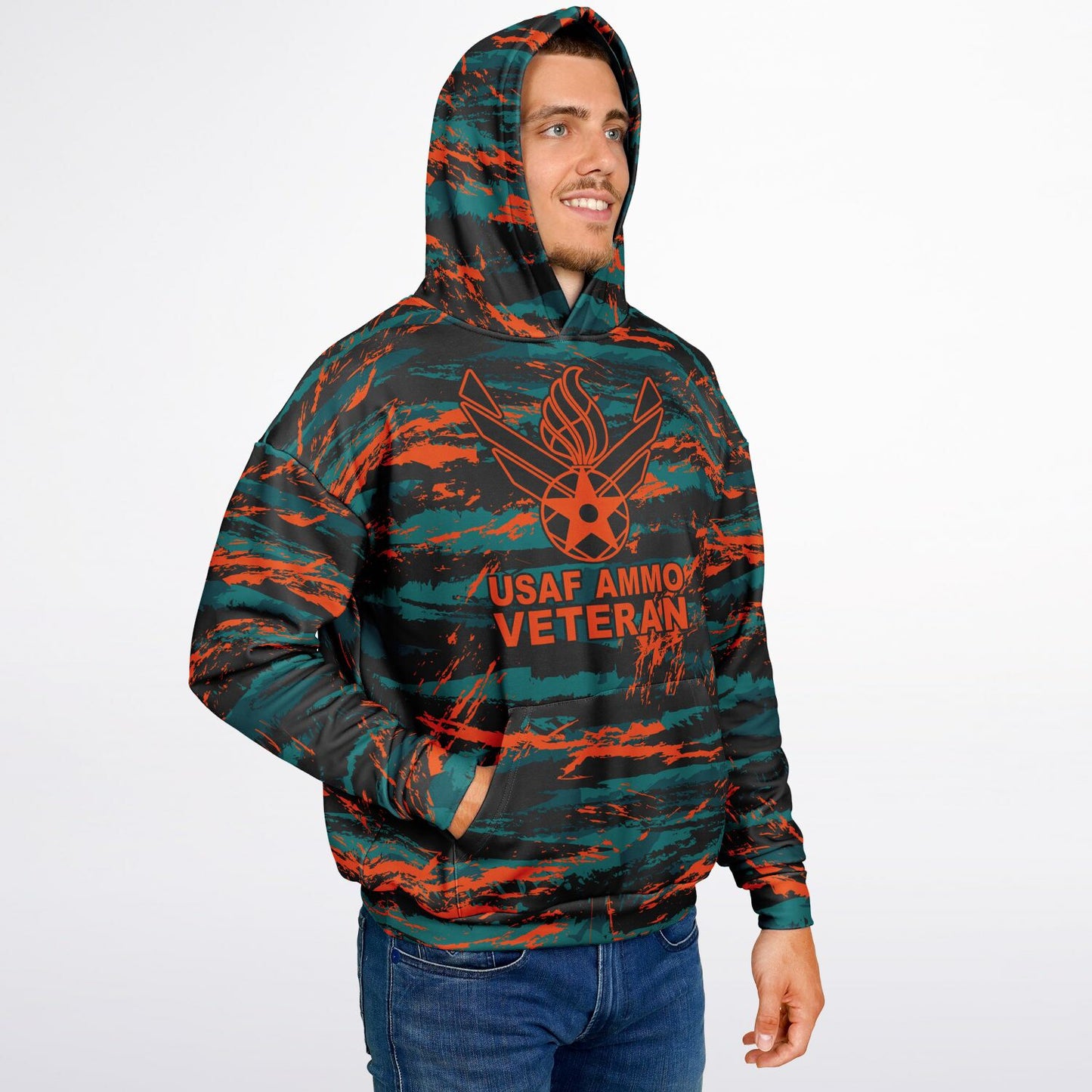 USAF AMMO Veteran Orange Tiger Stripe Camouflage Heavyweight Oversized Cold Weather Pullover Hoodie - All Over Print