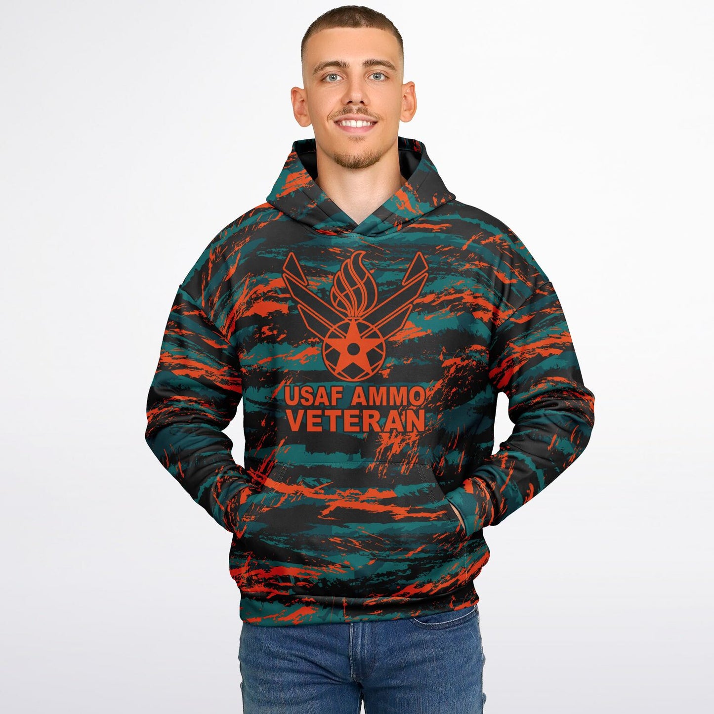 USAF AMMO Veteran Orange Tiger Stripe Camouflage Heavyweight Oversized Cold Weather Pullover Hoodie - All Over Print