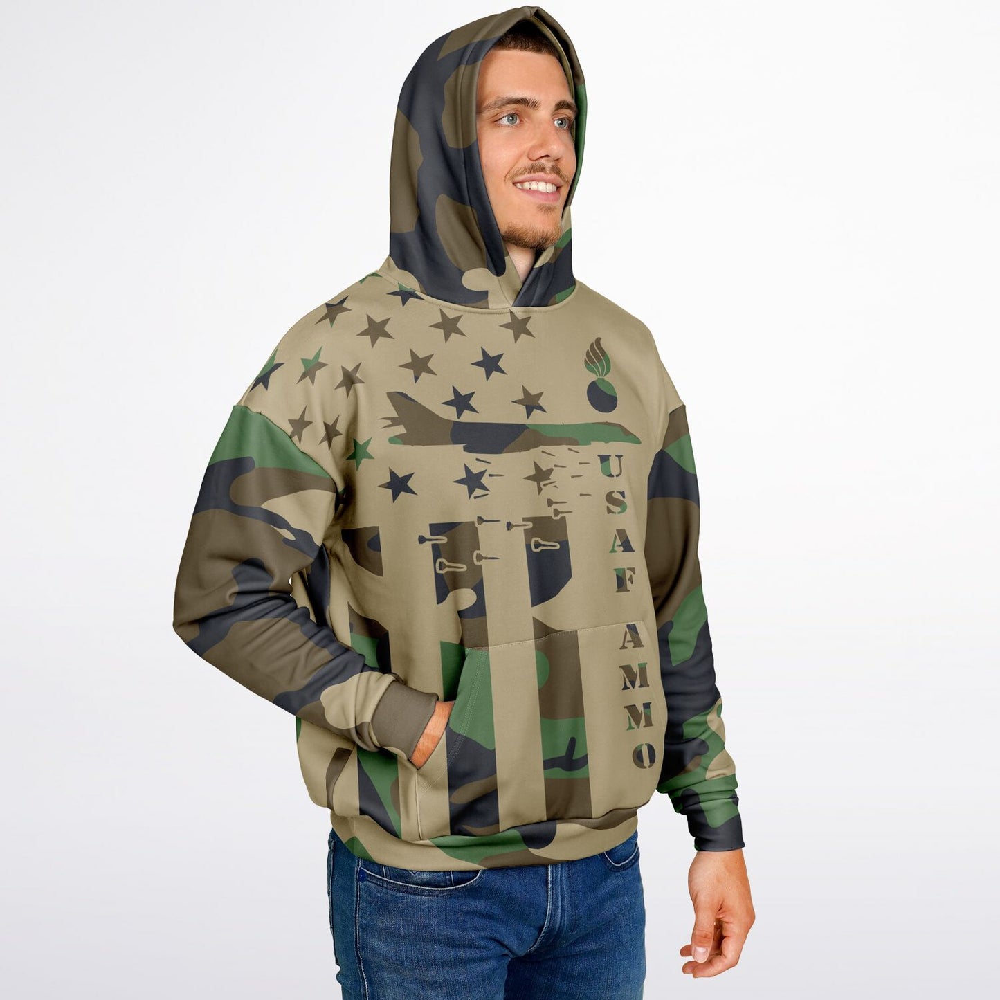 USAF AMMO Camouflage American Flag B-1 Bomber Pisspot IYAAYAS Heavyweight Oversized Cold Weather Pullover Hoodie - All Over Print