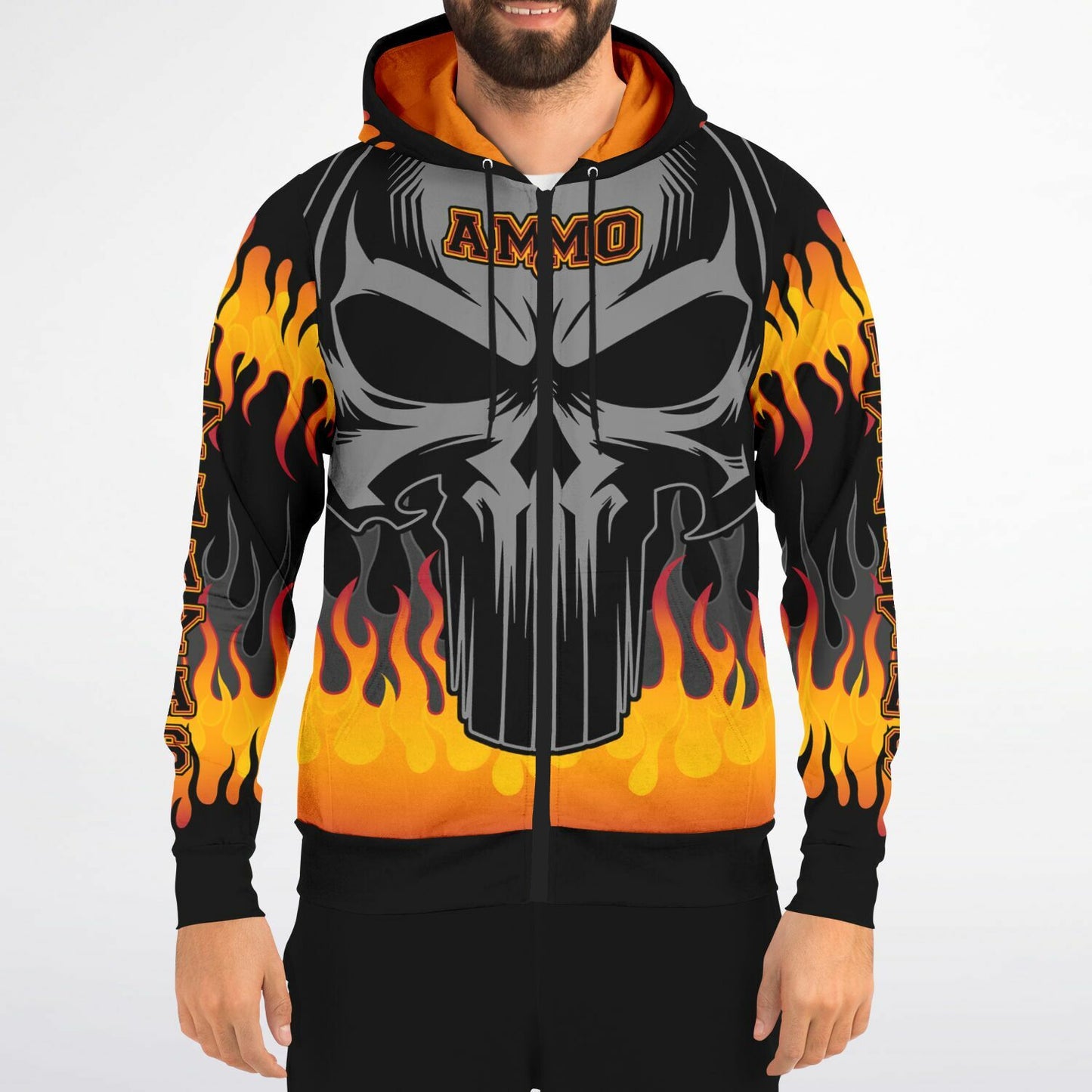 AMMO Skull Orange Fire Flames IYAAYAS Fashion Zip-Up Hoodie - All Over Print