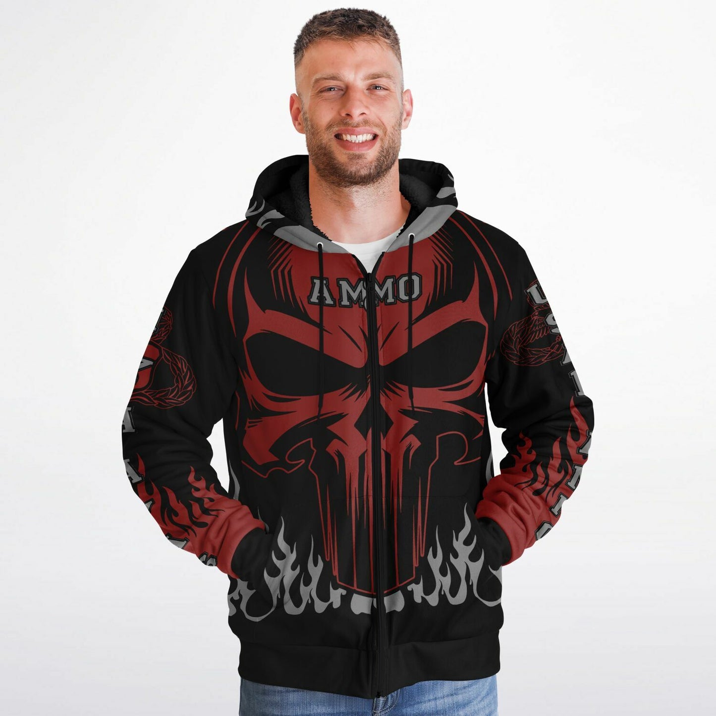 AMMO Skull Flames Black Red Grey Microfleece Cold Weather Zip-Up Hoodie - All Over Print