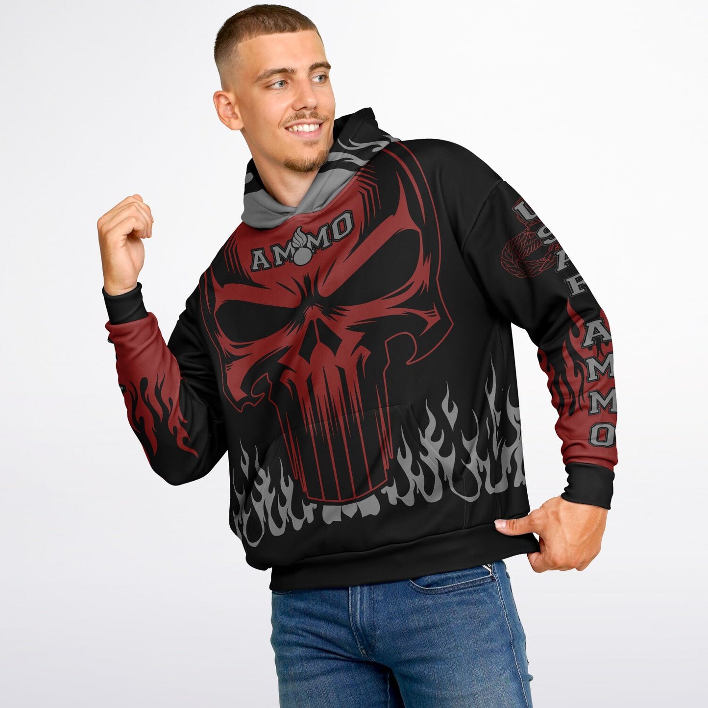 AMMO Skull Flames Black Red Grey Heavyweight Oversized Cold Weather Hoodie - All Over Print