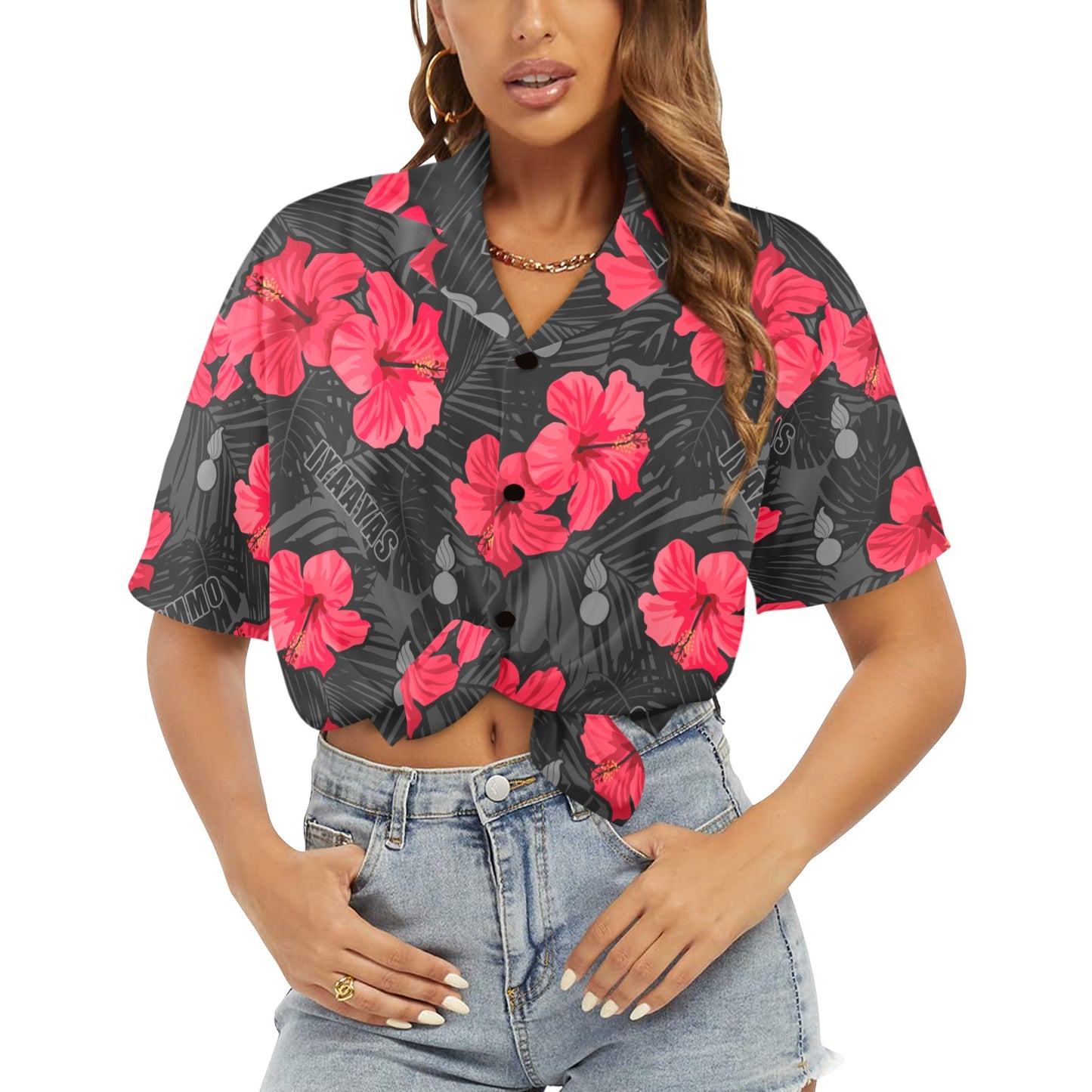 Pink Red Black Grey Flowers Leaves AMMO and IYAAYAS Womens Hawaiian Shirt