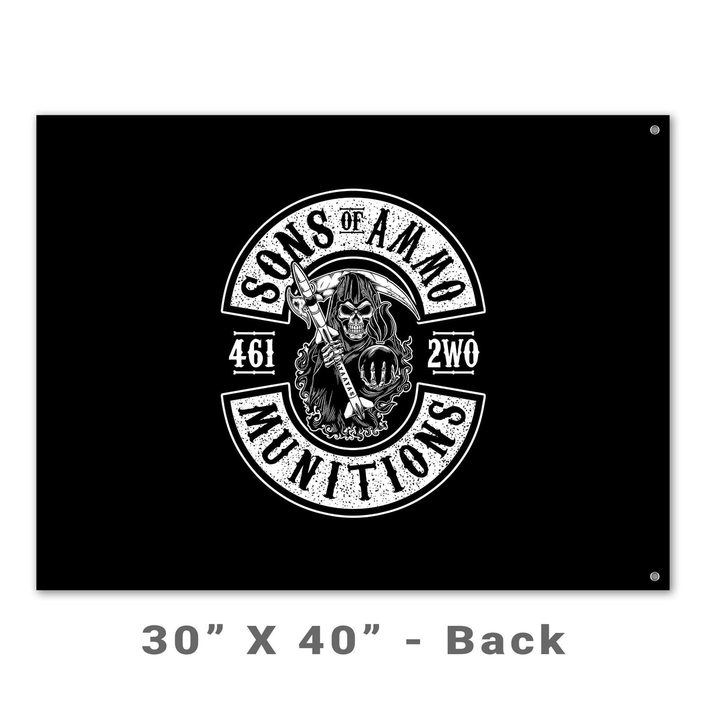 Sons of AMMO Grim Reaper Holding Pisspot and Missile with Sickle Blade 461 2W0 IYAAYAS Munitions Logo Black and White Double Sided Flag