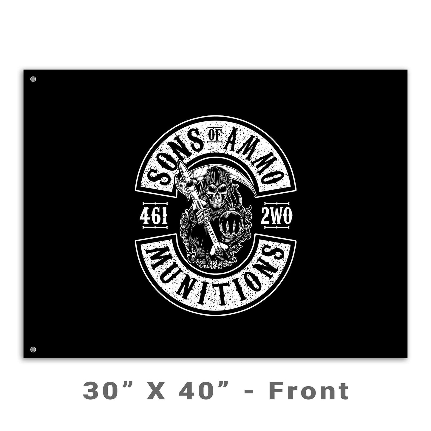 Sons of AMMO Grim Reaper Holding Pisspot and Missile with Sickle Blade 461 2W0 IYAAYAS Munitions Logo Black and White Double Sided Flag