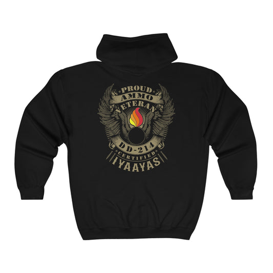 Proud USAF AMMO Veteran DD-214 Certified Pisspot Eagle Wings Unisex Heavy Blend™ Full Zip Hooded Sweatshirt