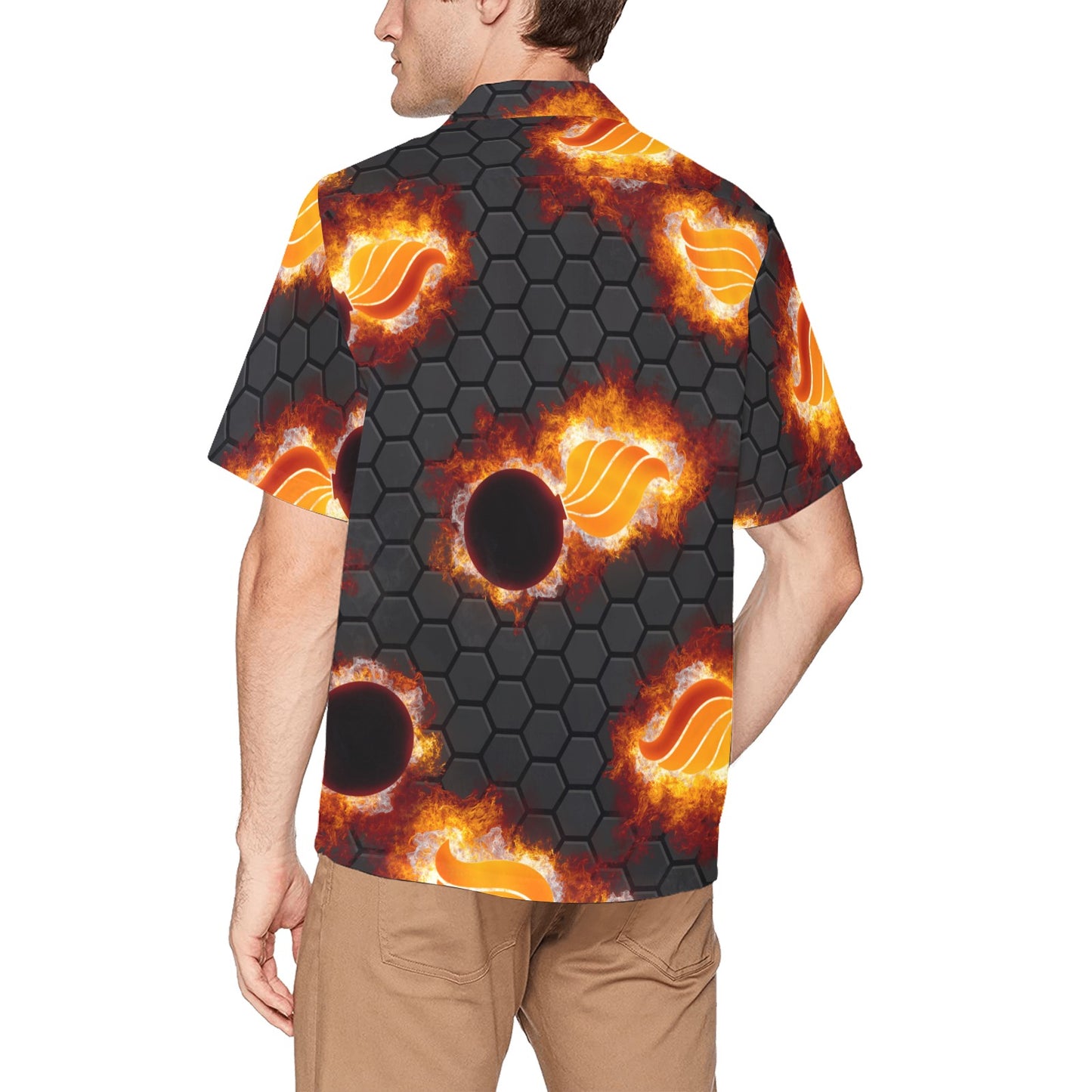 USAF AMMO Flaming Pisspots Hexagon Chrome Background Mens Hawaiian Shirt Front Left Pocket