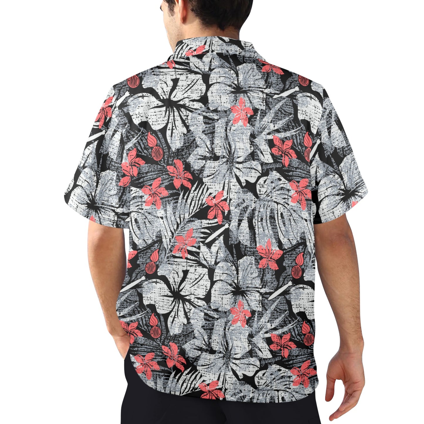 Black Grey and Light Red Flowers Pisspots Bombs and IYAAYAS Mens Hawaiian Shirt