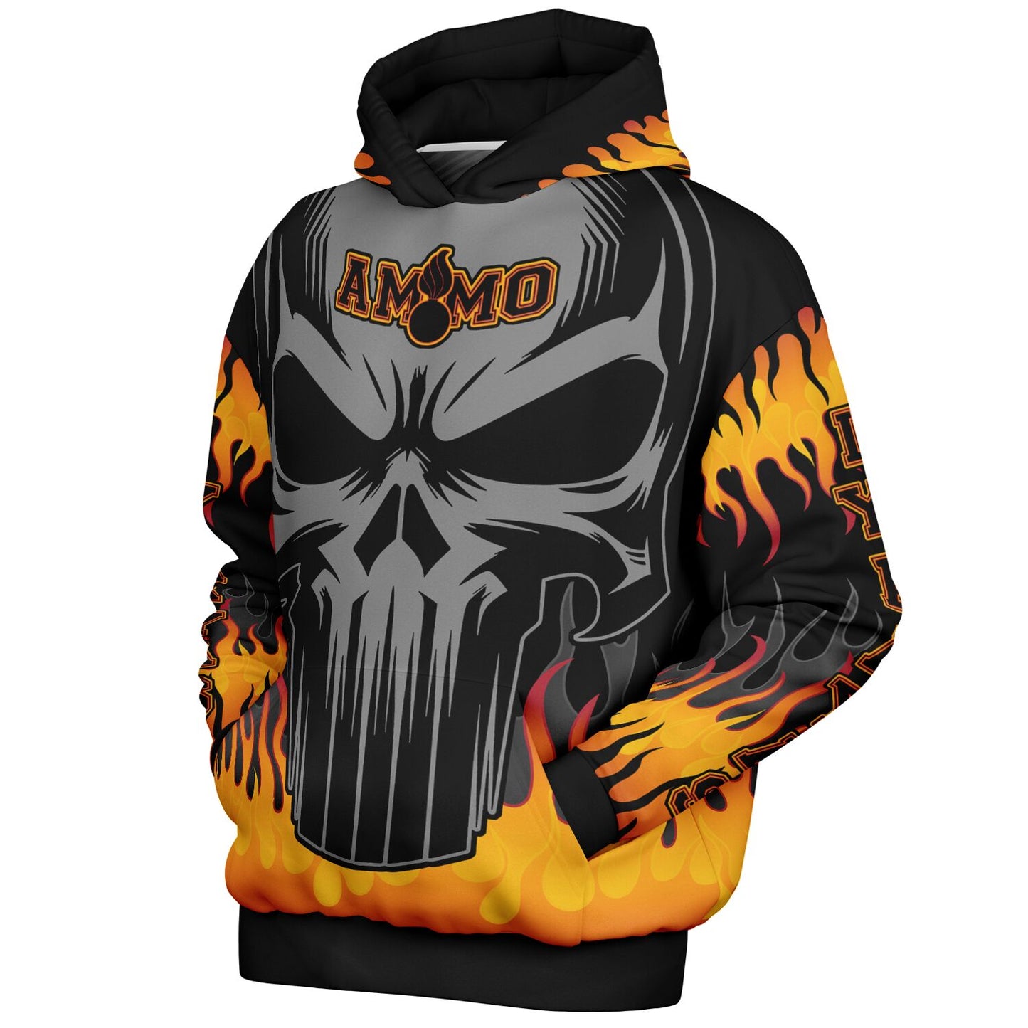 AMMO Skull Orange Fire Flames IYAAYAS Heavyweight Oversized Cold Weather Pullover Hoodie - All Over Print