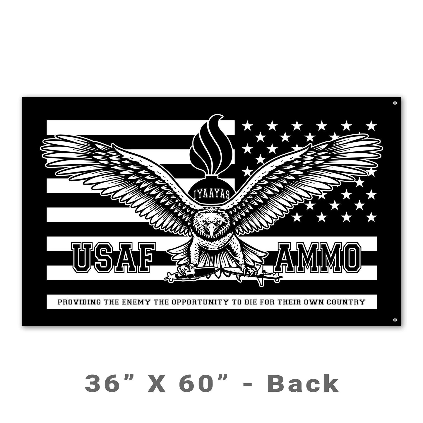 USAF AMMO American Eagle Carrying JDAM and AGM-88 In Its Claws Pisspot American Flag Silhouette Black and White Double Sided Flag