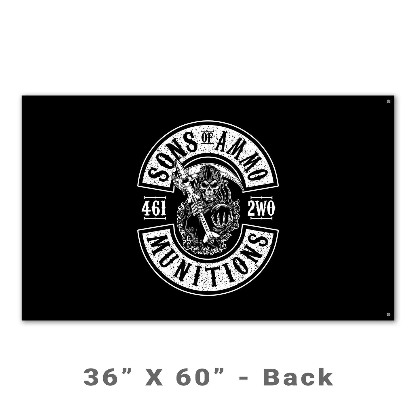 Sons of AMMO Grim Reaper Holding Pisspot and Missile with Sickle Blade 461 2W0 IYAAYAS Munitions Logo Black and White Double Sided Flag